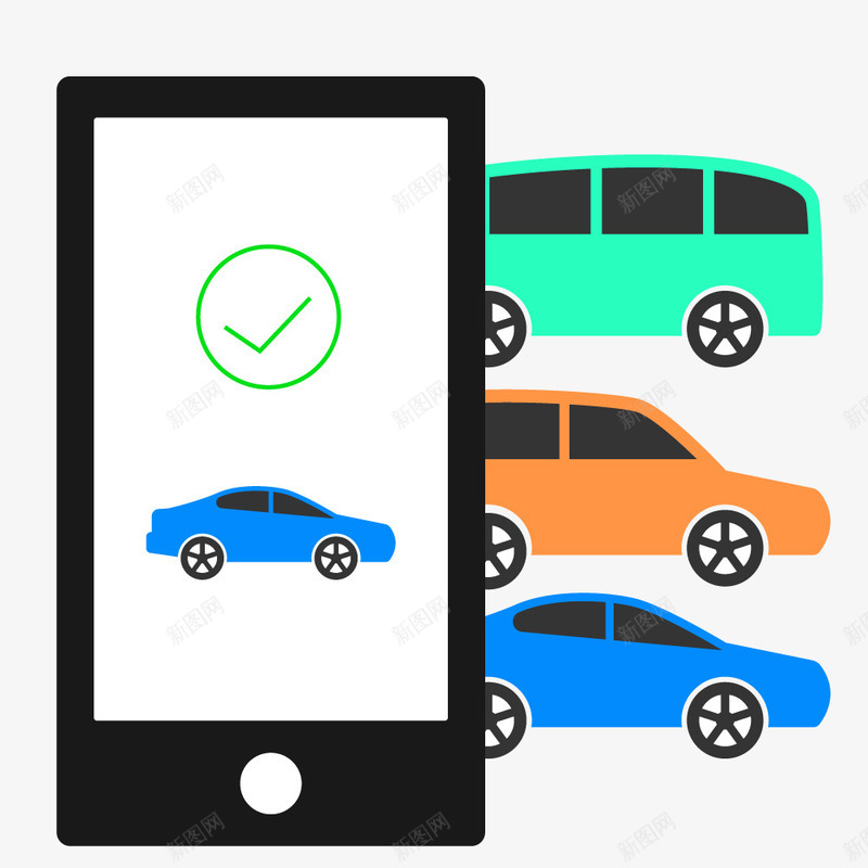 手机下单预约汽车成功png免抠素材_新图网 https://ixintu.com 卡通汽车 手机 汽车 绿色汽车 蓝色汽车 黄色汽车 黑色手机