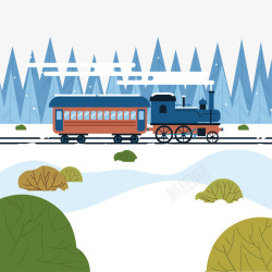 冬天雪中行驶的火车矢量图素材
