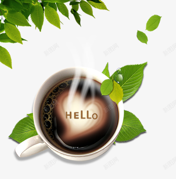 咖啡png免抠素材_新图网 https://ixintu.com HELLO 咖啡 杯子 树叶 绿叶