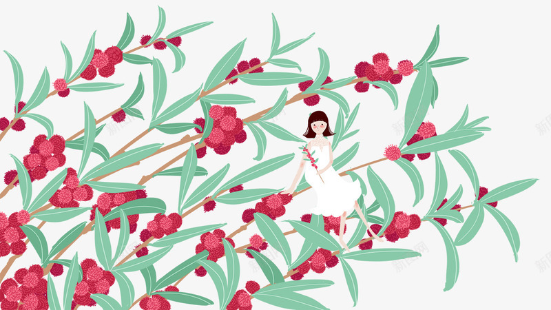 卡通手绘杨梅树上的女孩psd免抠素材_新图网 https://ixintu.com 卡通 手绘 杨梅树上的女孩 红色的杨梅 绿叶装饰