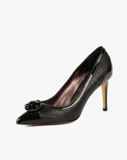 黑色高跟鞋2016新品黑色羊皮革浅口单鞋高清图片