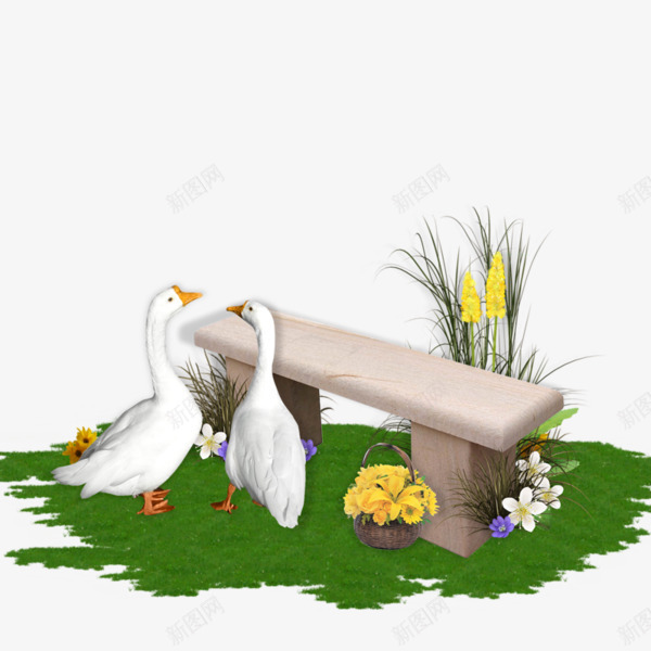 石凳旁边的白鹅png免抠素材_新图网 https://ixintu.com 卡通PNG素材 大理石凳 白鹅 绿草地 花朵