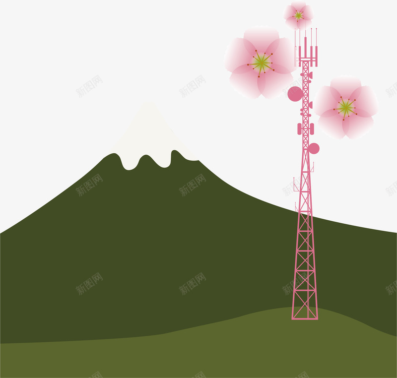 绿色草地矢量图ai免抠素材_新图网 https://ixintu.com 山坡 手绘 桃花 电视塔 绿色 花瓣 花蕊 草地 矢量图