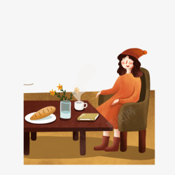卡通热饮卡通手绘餐厅里喝咖啡的女人高清图片