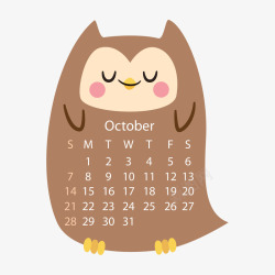 咖啡色猫头鹰2018年十月动物日历矢量图素材