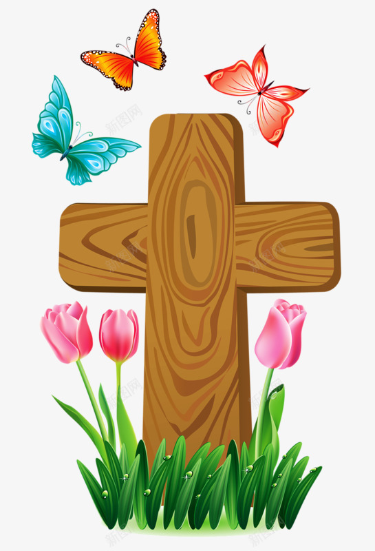 木板十字架png免抠素材_新图网 https://ixintu.com 创意 十字架 卡通 手绘 木板 蝴蝶