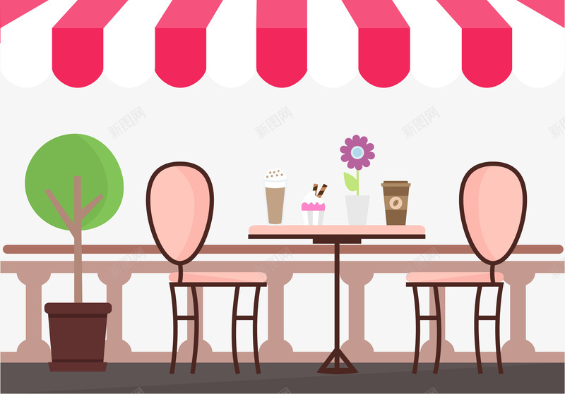特色餐厅png免抠素材_新图网 https://ixintu.com 咖啡 垃圾桶 条形 板凳 绿树 花朵 花瓶 遮阳伞