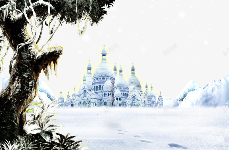 冬季的城堡和大树png免抠素材_新图网 https://ixintu.com 冬天 城堡 大树 飞舞的雪 飞雪