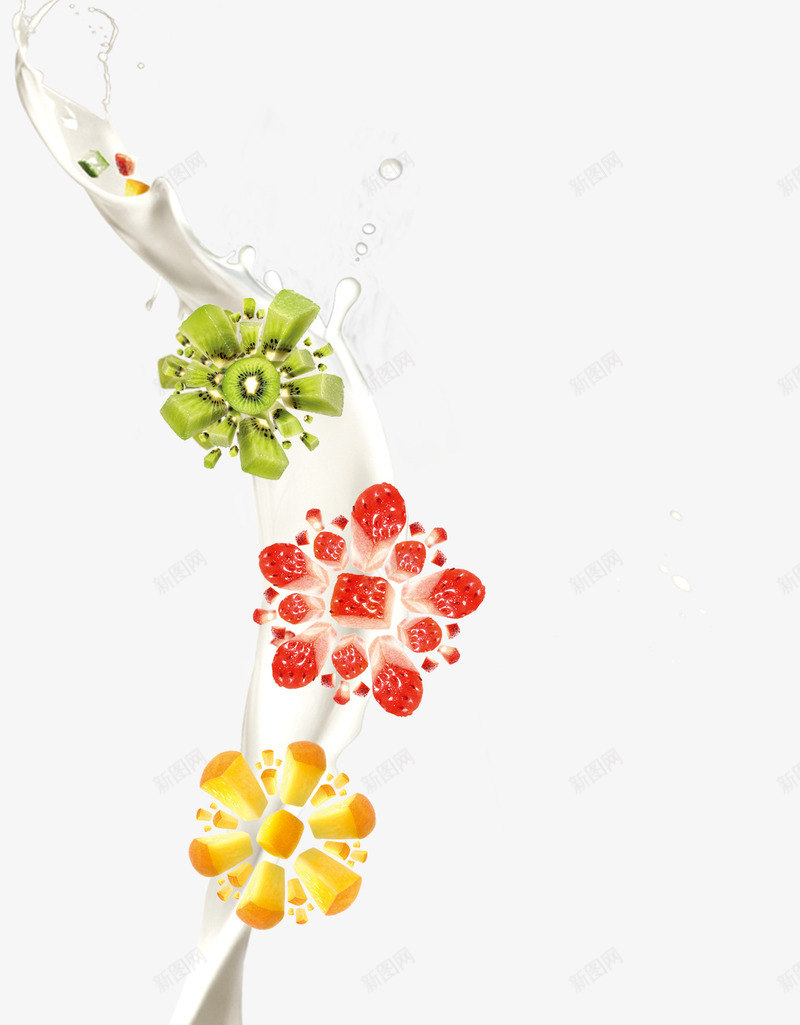 飞溅的牛奶和水果psd免抠素材_新图网 https://ixintu.com 牛奶 猕猴桃 苹果 草莓 飞溅