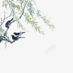 手绘水墨中国风柳树素材