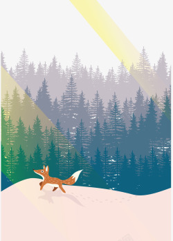 彩绘风景狐狸矢量图素材