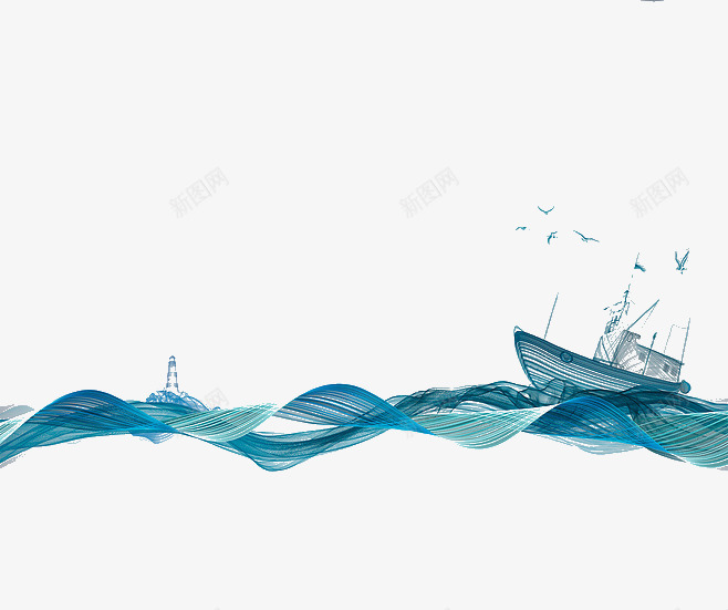 风浪里前行的船png免抠素材_新图网 https://ixintu.com 大海 大风大浪 海浪 海鸥 灯塔 简洁 素材 蓝色 设计 轮船
