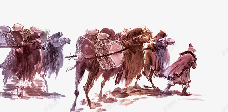丝绸之路png免抠素材_新图网 https://ixintu.com 丝绸之路 中国风 古代商队 对外贸易 水墨 西域风情 骆驼队