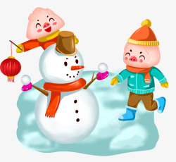 新年小猪堆雪人素材