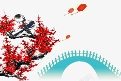 红花树枝喜鹊古桥情人节元素高清图片