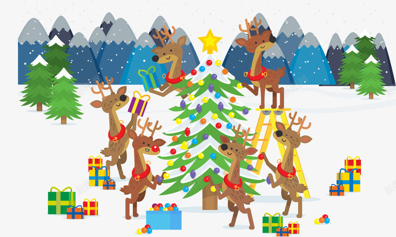 装饰圣诞树的驯鹿png免抠素材_新图网 https://ixintu.com 圣诞树 开心 彩色球 礼物堆 装饰 驯鹿