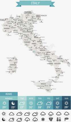 气象地图意大利城市分布地图图标高清图片