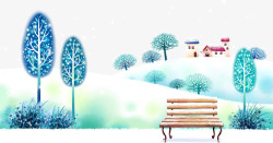 雪地上的松树雪地上的长椅高清图片