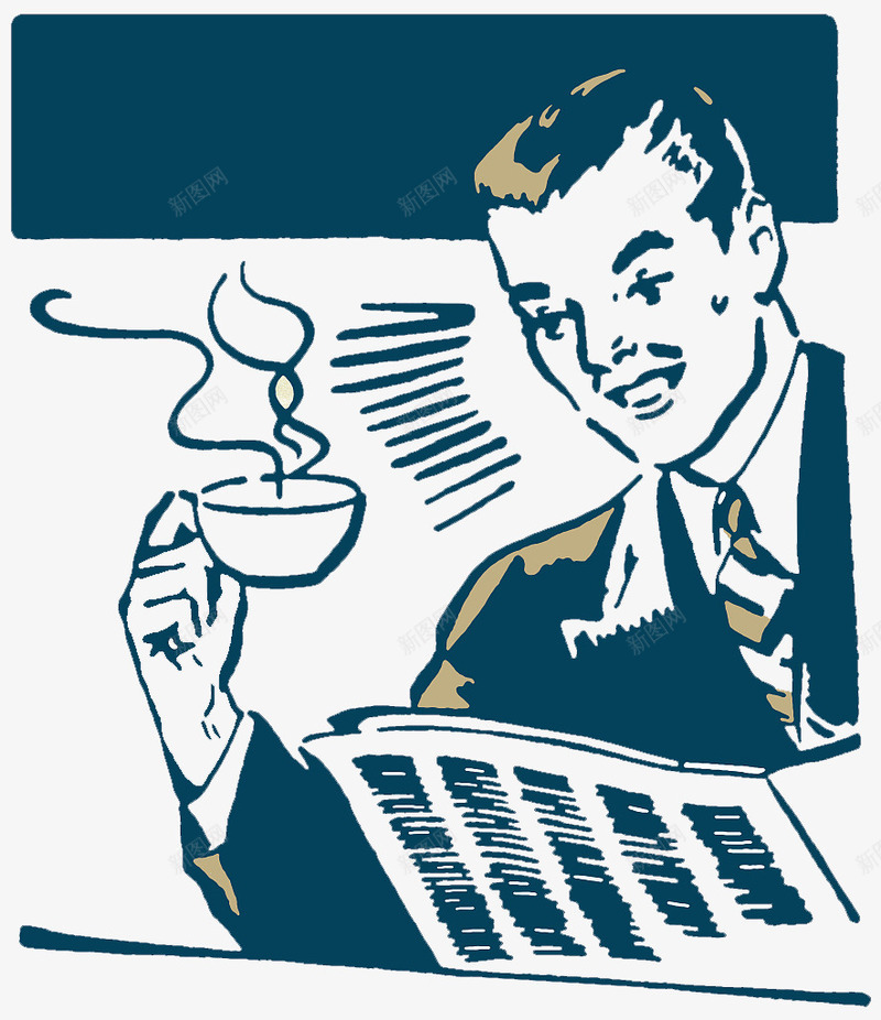 复古插图喝咖啡看报纸的商务人士png免抠素材_新图网 https://ixintu.com 咖啡 喝咖啡人物 复古插图 热咖啡 看报纸 蓝色