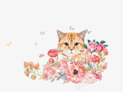 中国风粉色花朵与猫咪矢量图素材