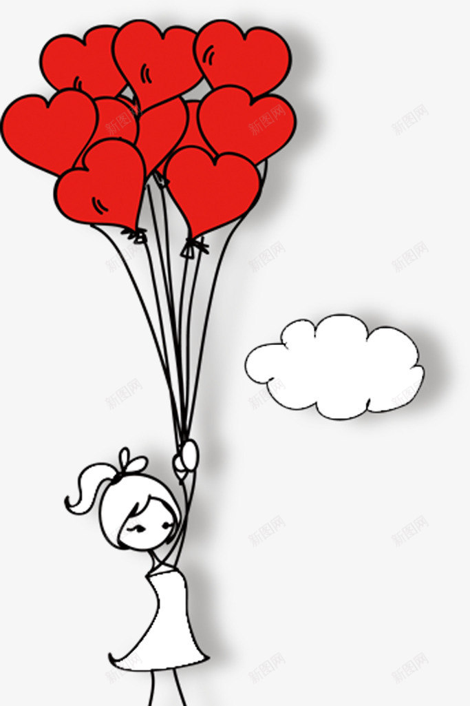 卡通红色爱心气球手绘云朵png免抠素材_新图网 https://ixintu.com 云朵 卡通 心气 球手 红色
