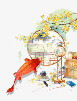 金色金鱼中国风金色桂花装饰画高清图片