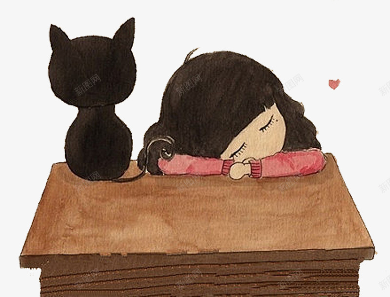 卡通手绘睡着女孩黑猫图png免抠素材_新图网 https://ixintu.com PNG 卡通 可爱 桌子 睡觉女孩 趴桌子 黑猫背影