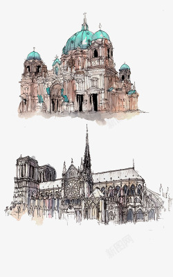法国圣母院水彩世界名胜古迹高清图片