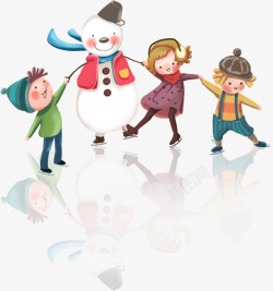 白色雪人和雪人玩耍的小孩高清图片