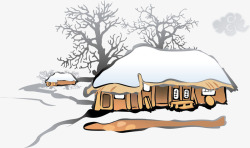 冬日雪景小屋枯树矢量图素材