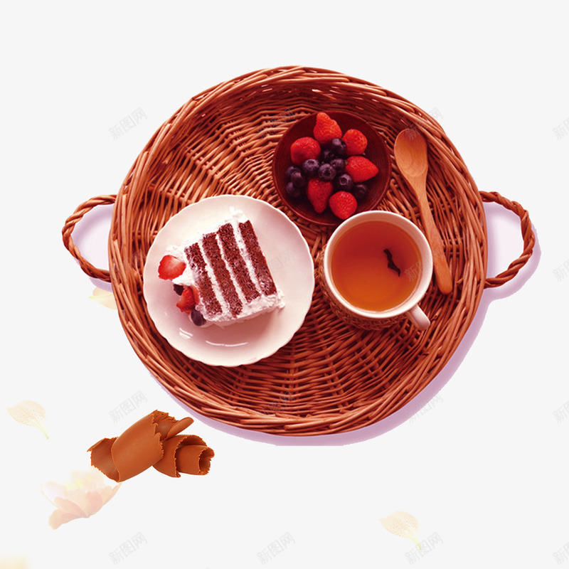 红色编织篮子里的下午茶psd免抠素材_新图网 https://ixintu.com 下午茶 勺子 白色的盘子 篮子里的 红色 编织 蛋糕
