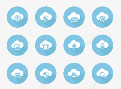 蓝底白色云技术扁平化圆形图标图标