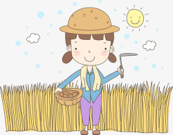 卡通人物插图割麦子的农村妇女素材