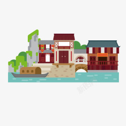 河流里的小船江南山水建筑手绘矢量图高清图片