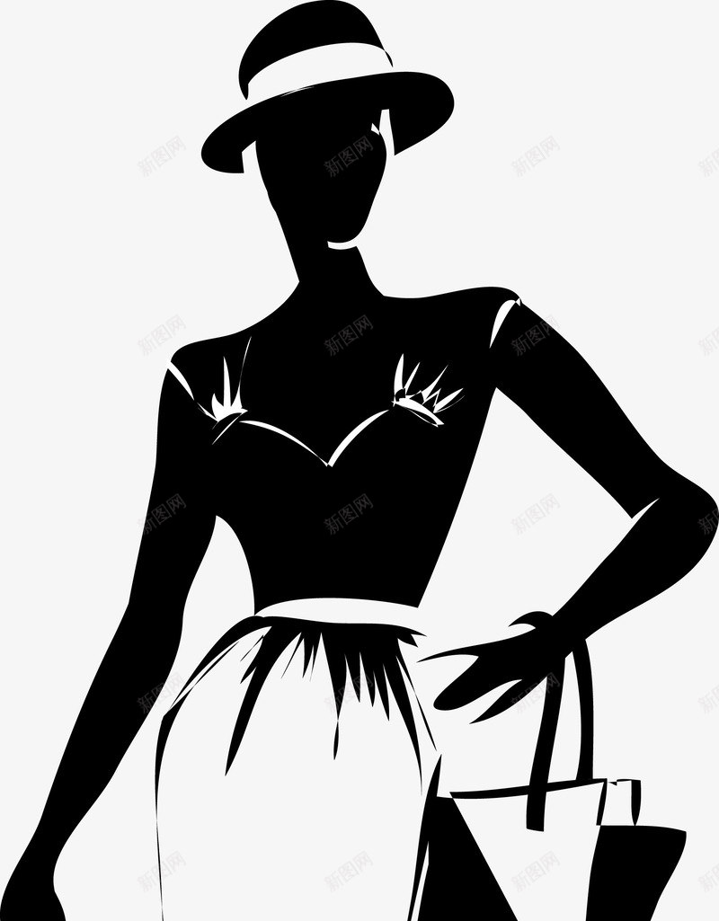 穿裙子的优雅的女模特矢量图图标ai_新图网 https://ixintu.com 全身模特 女人 女工人 女性人物 手绘 时尚 模特 模特剪影 矢量图 裙子帽子 裙底 黑白美女模特剪影