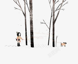 手绘树树林彩绘冬天的女孩高清图片