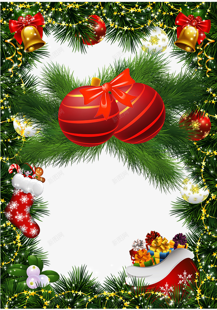绿色边框装饰和红色圣诞礼物球psd免抠素材_新图网 https://ixintu.com 圣诞礼物球 圣诞节素材 礼物包 红色 绿色边框 金色铃铛