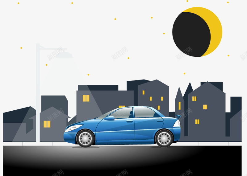 路灯下的车矢量图ai免抠素材_新图网 https://ixintu.com 夜晚 汽车 矢量免费图片素材 蓝色 路灯 矢量图