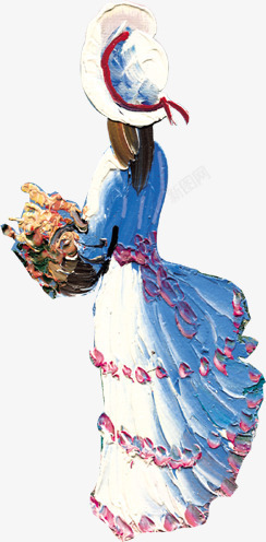 蓝色手绘碎花连衣裙女孩素材