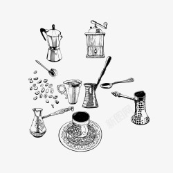 咖啡豆豆黑色手绘风格咖啡器具高清图片