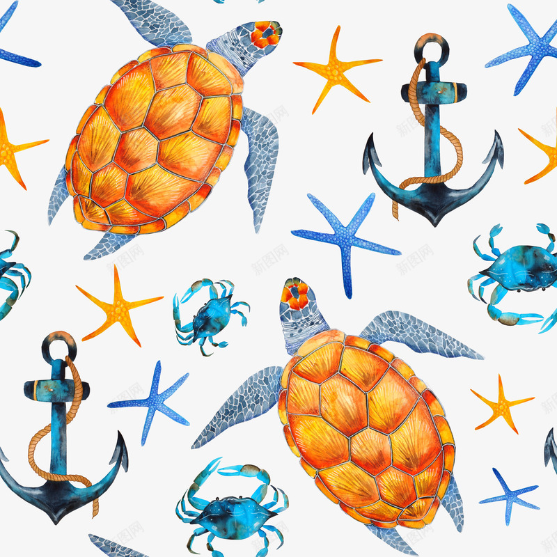 海生物底纹png免抠素材_新图网 https://ixintu.com 平铺底纹 手绘海生物 海星星 海龟 船锚