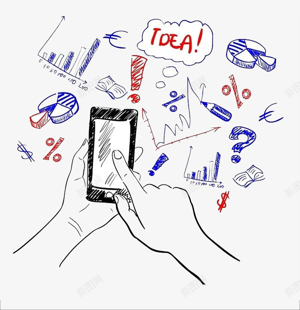 手绘图表png免抠素材_新图网 https://ixintu.com 彩色 感叹号 手机 手绘 折线图 柱状图 涂鸦 饼状图表
