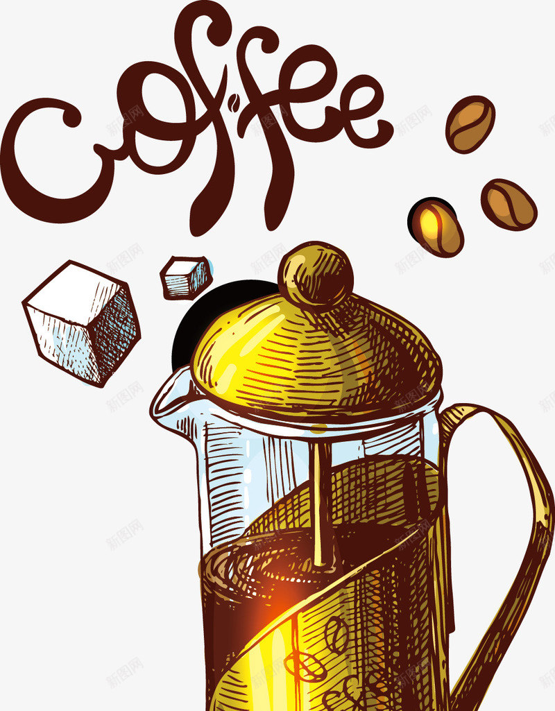 咖啡壶矢量图ai免抠素材_新图网 https://ixintu.com 咖啡杯 咖啡豆 复古 复古咖啡杯 手绘 矢量图