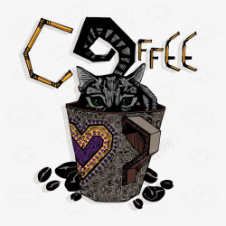 拿咖啡杯子的美女卡通咖啡猫插画高清图片