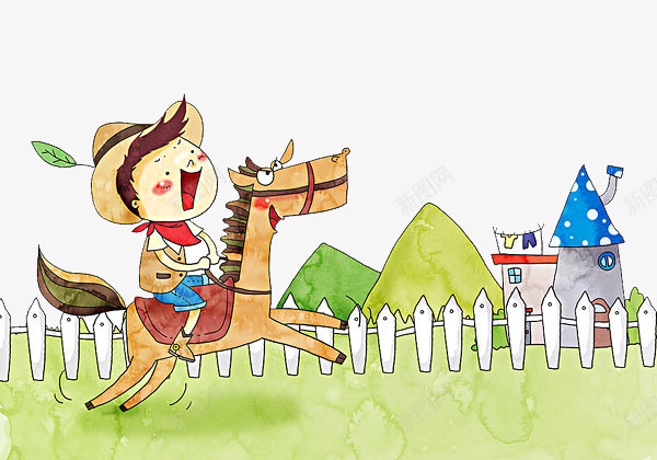 儿童卡通高兴的骑马的插图png免抠素材_新图网 https://ixintu.com 儿童 动物 卡通手绘 戴帽子的人 牵马 草原骑马 运动 骑马