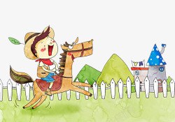 戴帽子的马儿童卡通高兴的骑马的插图高清图片