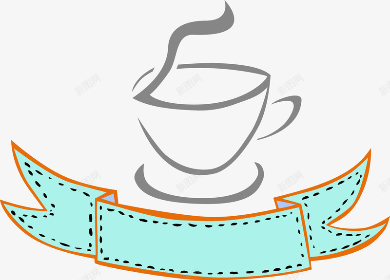 咖啡简笔画png免抠素材_新图网 https://ixintu.com 咖啡杯 标志 涂鸦 蓝色彩带