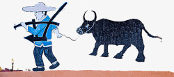 手绘黑牛农民牵着黑牛去耕地的路上高清图片