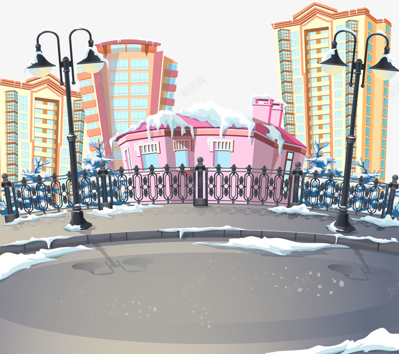 城市背景装饰png免抠素材_新图网 https://ixintu.com 冬天 卡通背景 房子 雪景