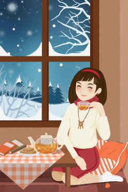手绘女士鞋手绘冬季在家喝茶赏雪过冬高清图片